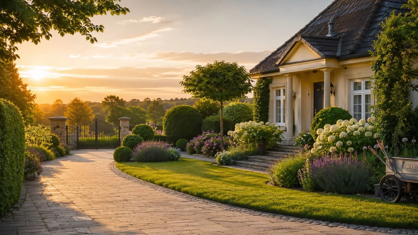 Gepflegtes Haus mit angelegtem Vorgarten, sattem Rasen und blühenden Beeten im Abendlicht